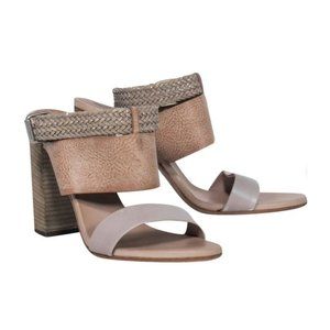 Brunello Cucinelli Tan Pebbled & Braided Leather Block Heeled Sandals Size US 6